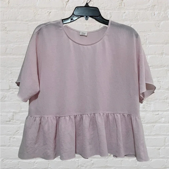 Aritzia Wilfred Macee Blouse Shirt Short Sleeve Peplum Pink XS Textured Oversize - Picture 1 of 7